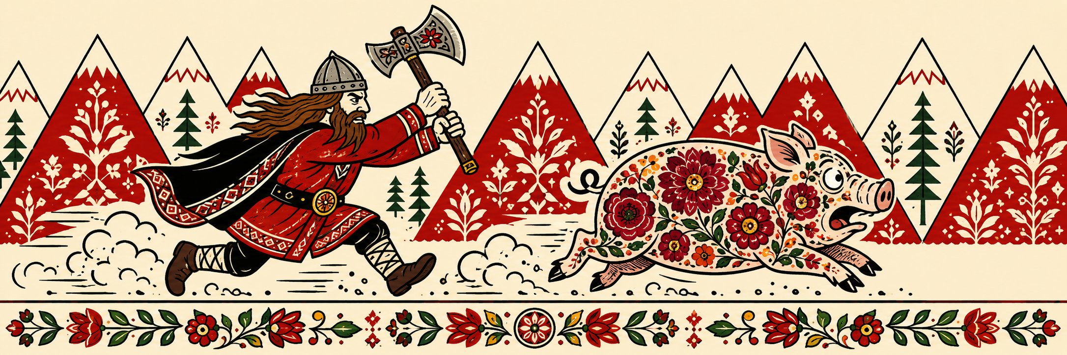 Holger Danske chasing a Matyó-decorated pig across the BC Coast Mountains — the founding legend of The Hungry Dane
