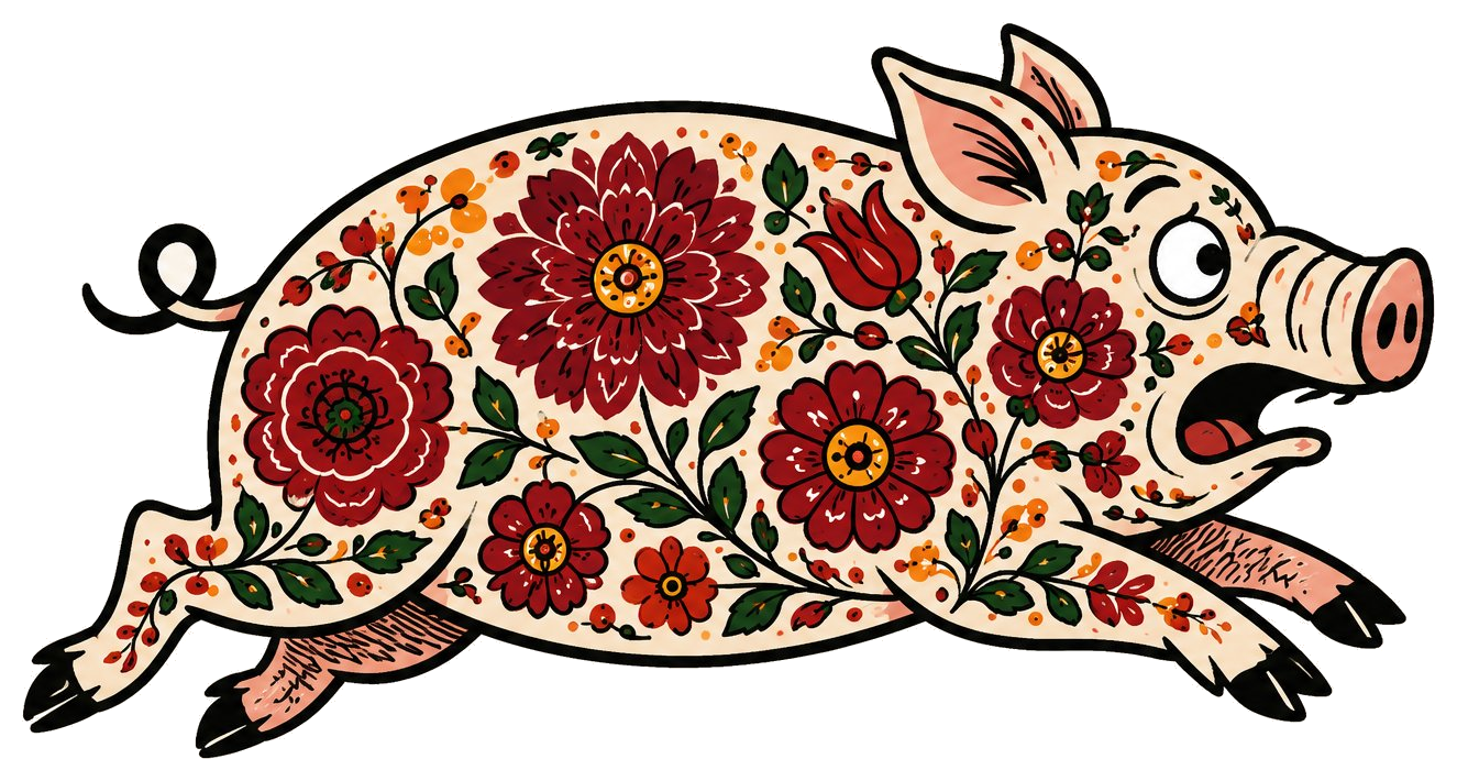 The Matyó Pig in Mezőkövesd embroidery — The Hungry Dane's quarry character